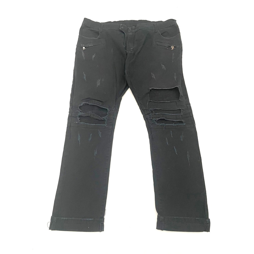 Balmain Paris Moto Biker Jeans Mens 42x32 Black Distressed Denim Made in Italy